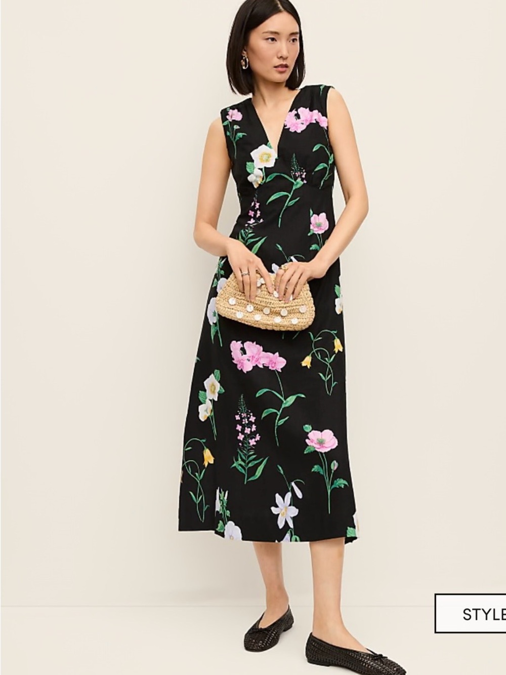 Ann Taylor Linen Black Floral V-Neck Midi Dress with Pink and White Blooms